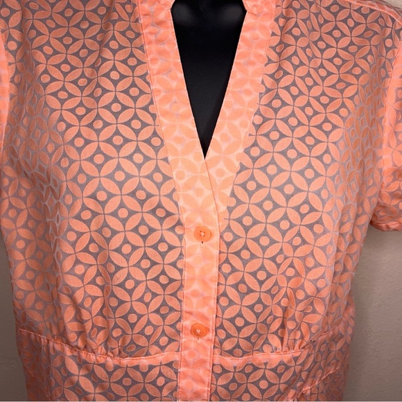 Small Attention Orange Peach Short Sleeve Blouse  Collared Boho Print Semi Sheer - Picture 7 of 12
